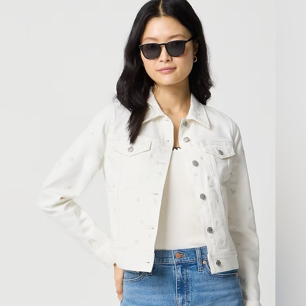 J. Crew Factory Ivory Embroidered Classic Denim Jacket Women’s Size Small NEW - Picture 2 of 7